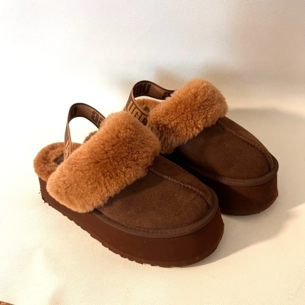 UGG Funkette Platform Slipper Women 7 Chestnut Brown Suede Slip on Cozy Chunky - Picture 4 of 8